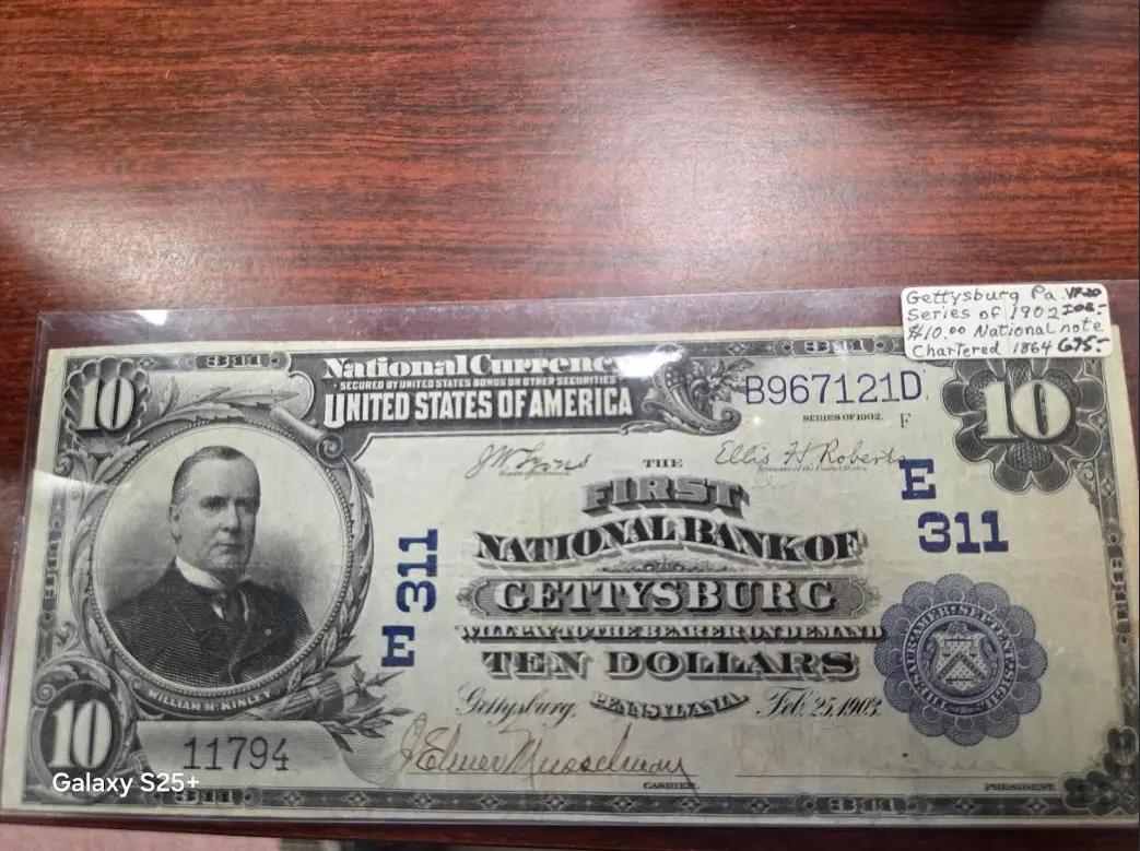 1902 First National Bank of Gettysburg, $10 note, VF